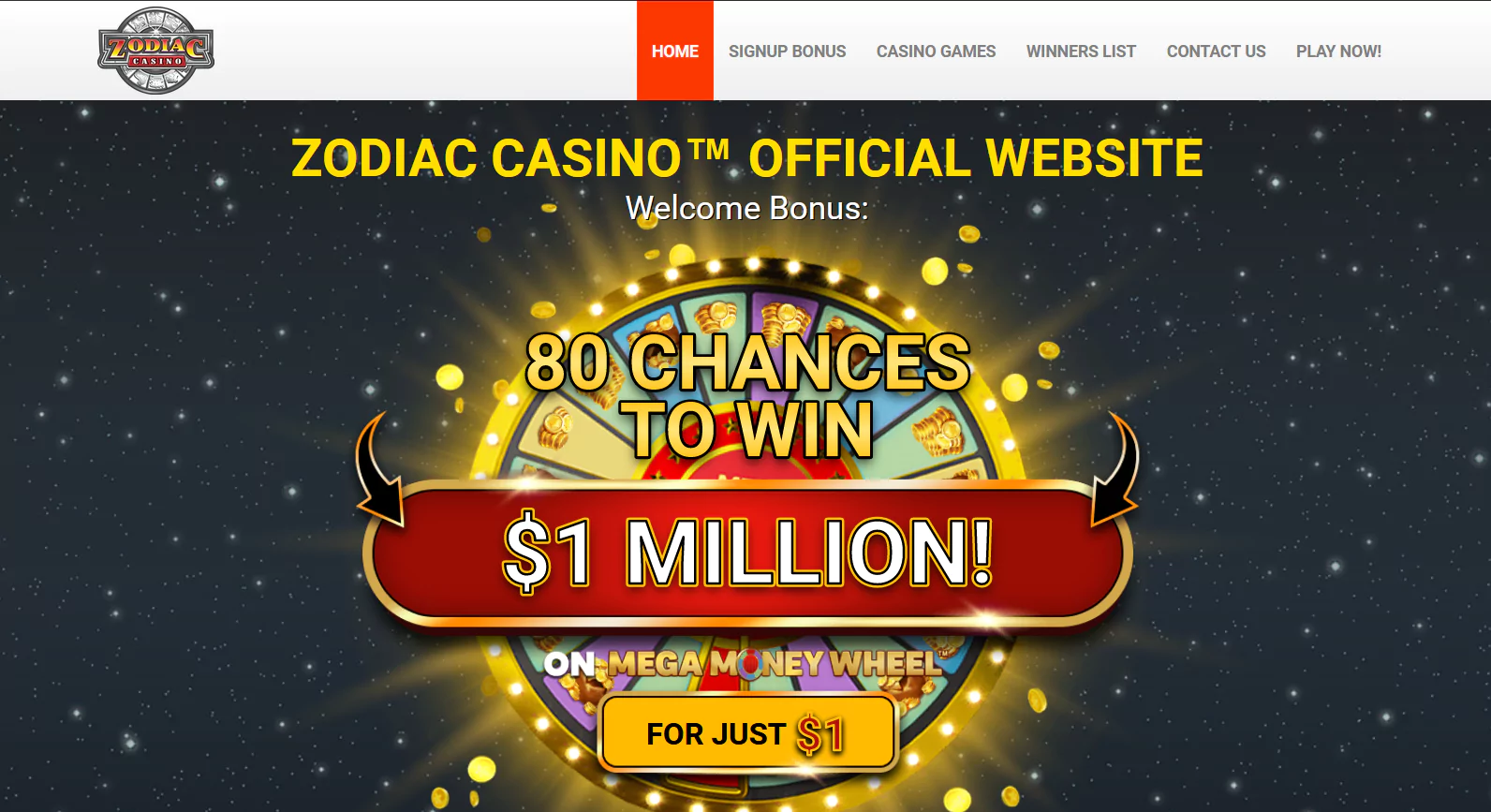 Screenshot of Zodiac Casino - 1 Dollar Deposit Casino in Canada from official Website